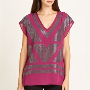 SAKS FIFTH silky burgundy top with sequins. Cap Sleeves. Like New!